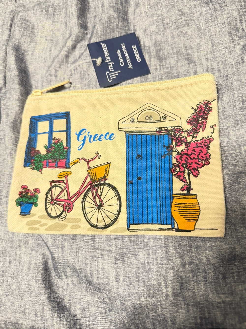 Greece Canvas Zip Pouch with Bicycle & Blue Door